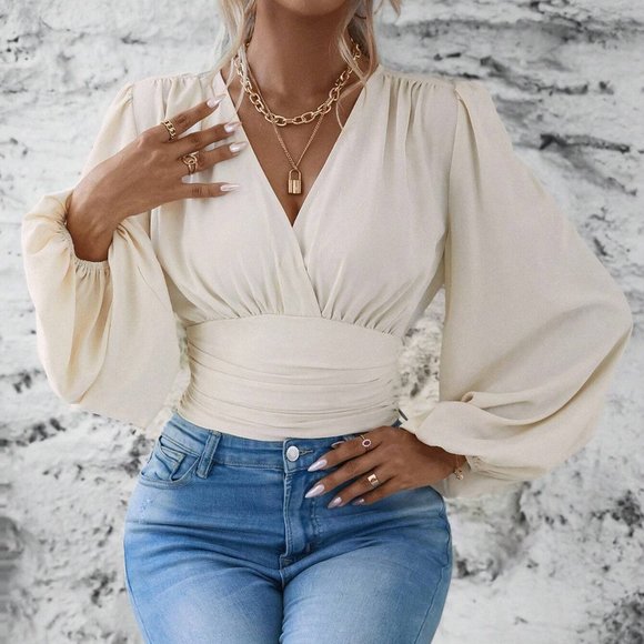 Apricot Boho Womens Lantern Sleeve Ruched Blouse - Picture 3 of 5